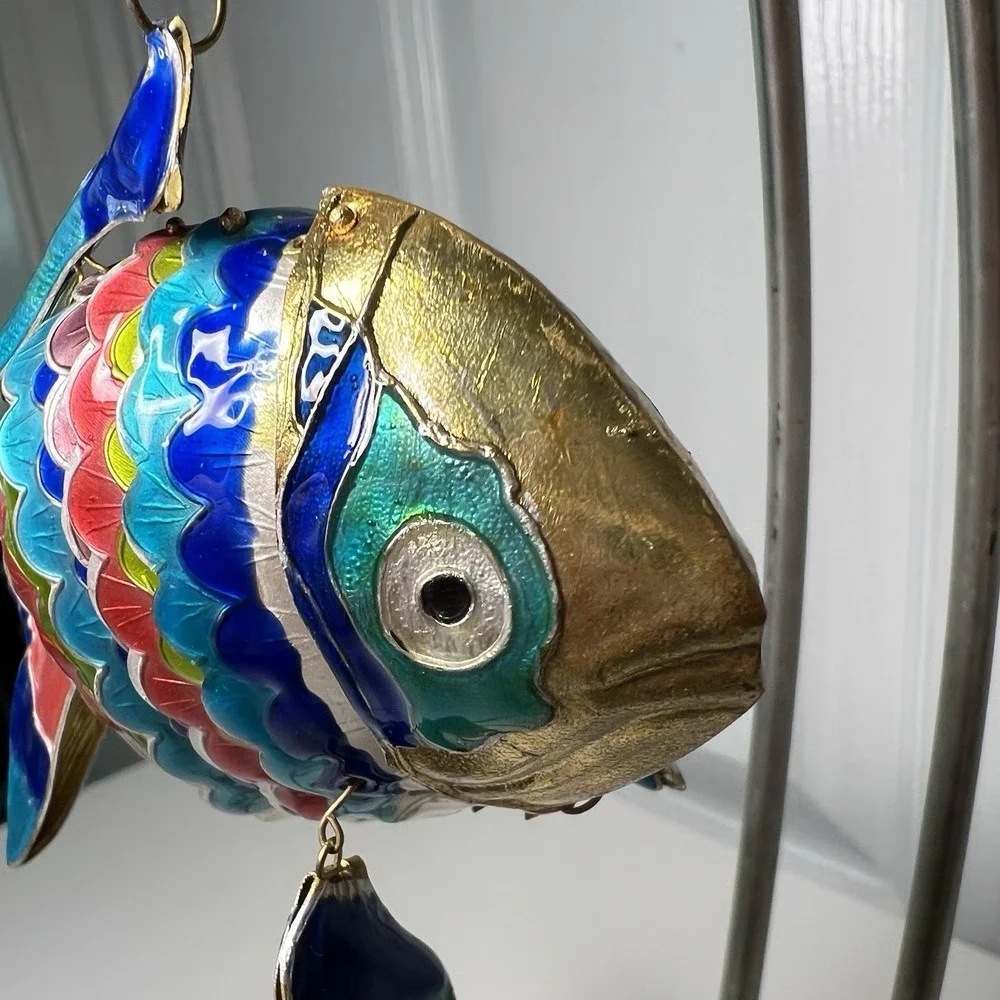 Cloisonné Enamel Articulated Moveable‎ Lg Tropical Fish Ornament Rainbow Colors